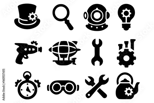 Steampunk icons collection: gear, airship, diving helmet and more in solid black design