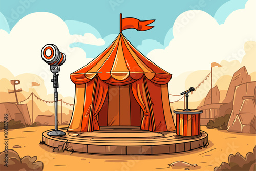 Colorful Circus Tent With Stage and Microphone in Desert Landscape