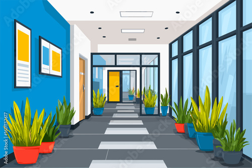 Bright and Modern Office Corridor with Potted Plants