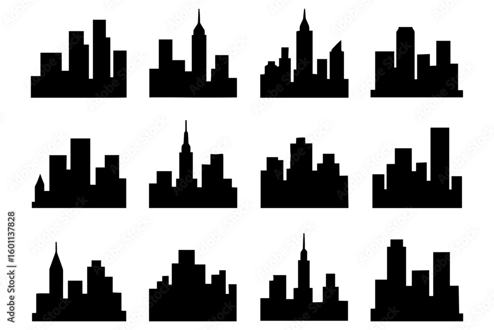 Naklejka premium Silhouette city skylines collection with modern urban outlines and skyscrapers