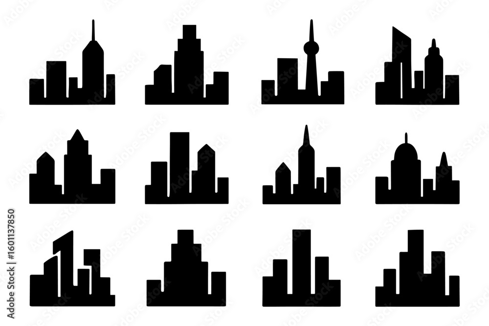 Naklejka premium Silhouette collection of city skylines: urban landscape variations in black