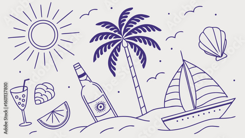 Summer Dreamscape: A whimsical illustration captures the essence of summer with sun, palm, drinks, and a boat, inviting viewers to a relaxing journey.