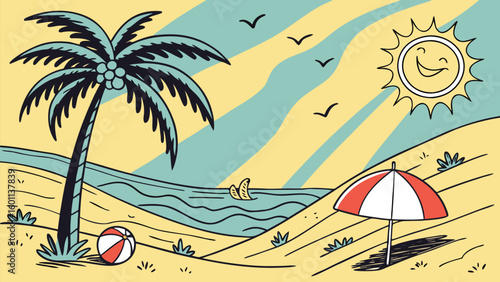 Serene Seaside Illustration: This illustration captures the essence of a blissful day at the beach, featuring a palm tree, a radiant sun, an umbrella, and a gentle sea.