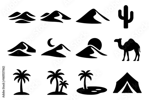 Desert and oasis icons: silhouette style with mountains, camel, and palm trees