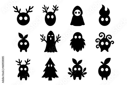 Collection of whimsical silhouette monsters with antlers and nature elements