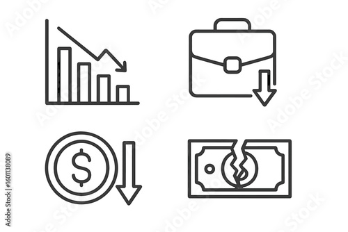 Economic crisis line icon set. Financial recession, market crash, business decline concepts. Vector icons for bankruptcy, currency collapse, investment loss, inflation, debt.