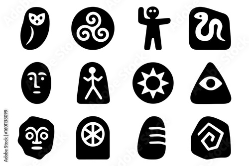 Minimalist ancient symbols collection in black silhouette design