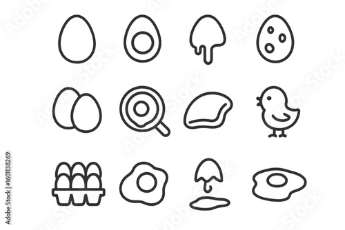 Eggs line icon set. Thin line vector symbols for breakfast food. Chicken egg, boiled, fried, poached, omelette, broken shell, yolk, chick and carton. Cooking concept.