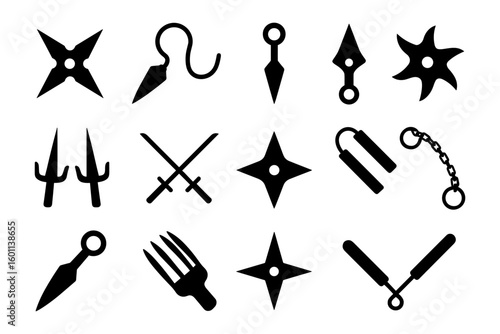 Silhouette collection of martial arts weapons and throwing stars