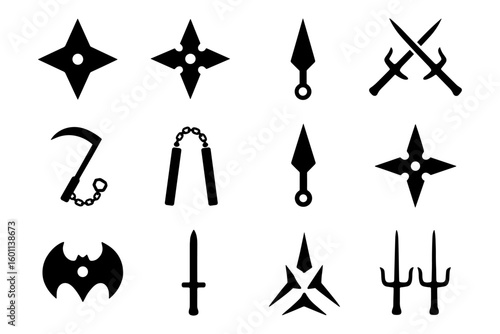 Silhouette collection of ninja weapons: swords, shurikens, nunchucks, sai, kunai