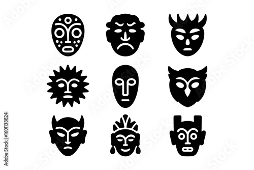 Tribal mask collection featuring various cultural designs in monochrome style