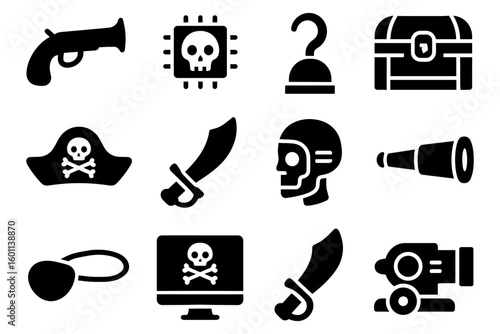 Pirate themed icons featuring weapons, gear, and pirate symbols in bold silhouette style