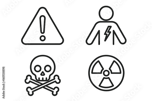 Hazard and danger line icon set. Warning signs for toxic, radioactive, and electric shock risks. Attention and safety symbols in a simple linear outline vector style.