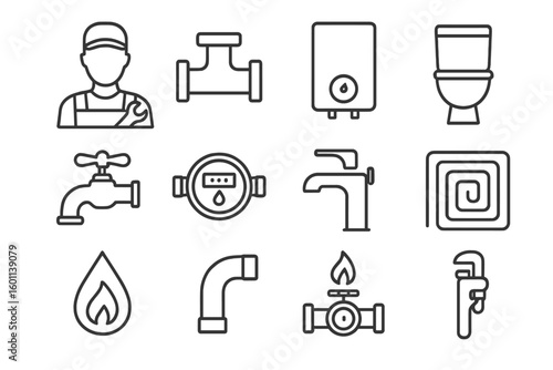 Heating and plumbing line icon set. Plumber service, pipe, boiler, tap, meter, toilet, heated floor, gas valve and wrench. Outline vector pictogram for repair and installation.