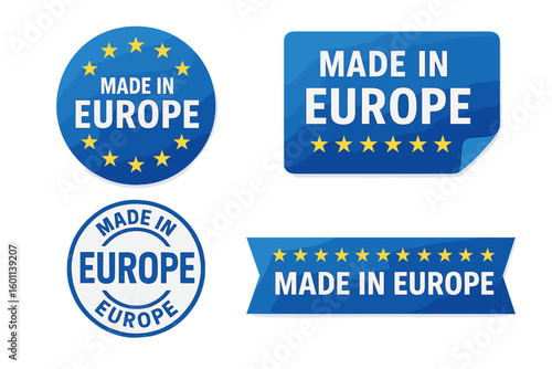 Made in Europe label sticker set. EU quality guarantee seal for products. European origin stamp and badge collection. Vector icon for packaging with stars. Blue symbol.