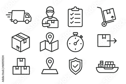 Delivery and logistics line icon set. Cargo transportation and shipping service symbols. Vector pack for freight industry, e-commerce, and courier business illustration.