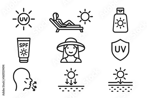 Sun protection line icon set for summer skincare. UV defense and tanning concepts. Sunscreen, SPF lotion, sunblock, and after-sun care. Editable stroke vector pictograms.