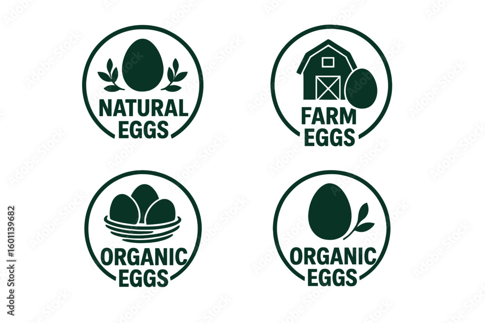 Fototapeta premium Natural farm organic eggs icon set. Vector labels for eco friendly food packaging. Healthy product quality assessment stamps. Bio food stickers collection for grocery store.