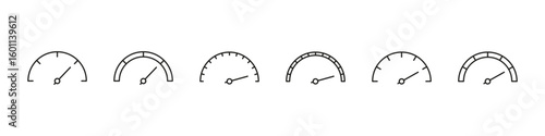 Speedometer icon. Meter score vector set. Gauge line limit scale.  Score measurement level meter. Black line design. High indicator sign.