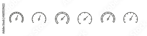 Speedometer icon. Meter score vector set. Gauge line limit scale.  Score measurement level meter. Black line design. High indicator sign.