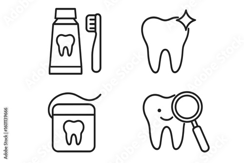 Dentistry and oral hygiene line icon set. Collection of outline pictograms for dental care. Healthy tooth, toothpaste, toothbrush, floss, and dental checkup symbols.