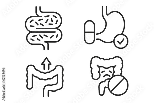 Probiotics and prebiotics line icon set. Gut flora, digestion, and gastrointestinal health. Stomach, intestines, beneficial bacteria, digestive system normalization vector.