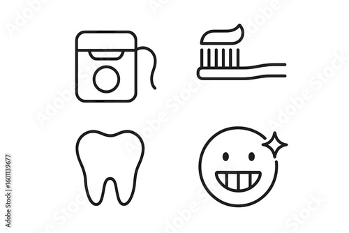 Dental care line icon set. Oral hygiene and dentistry concept. Tooth, toothbrush with toothpaste, dental floss, healthy smile. Outline vector pictogram for infographic.