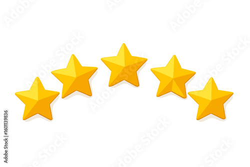 Five golden stars rating. 3D yellow star icon set for customer review. Quality feedback symbol for service or product satisfaction. Vector illustration isolated on white.