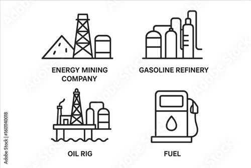 Oil and gas industry vector line icon set. Energy mining, gasoline refinery, offshore oil rig, fuel pump station symbols. Petroleum extraction & fossil fuel concept.