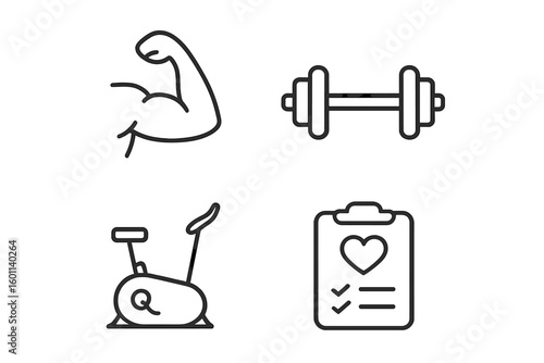 Fitness and gym line icon set. Health, workout, and wellness concepts. Dumbbell, muscle arm, exercise bike and health plan symbols. Bodybuilding and cardio vector icons.