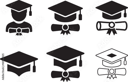 Graduation Cap and Diploma Icon Set – Black and White Education Symbols Vector