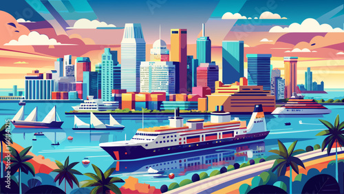  very Beautiful Port of Miami with cruise ships and cargo ships panorama view, Florida, USA