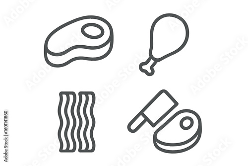 Meat line icon set. Beef steak, chicken leg, pork bacon, and butcher cleaver. Food and butchery symbols. Editable stroke vector icons for restaurant or grocery.
