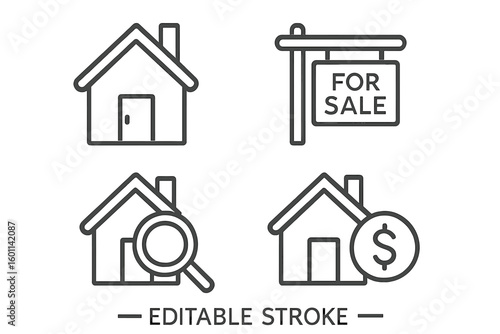 Real estate icon set. House for sale sign, home search with magnifying glass, and property investment symbol. Thin line art vector icons for web and mobile apps. Editable stroke.