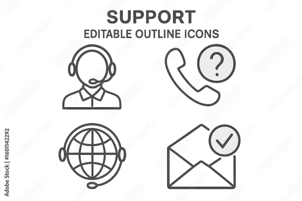 Support icon set. Customer service agent with headset. Call center, helpdesk assistance concept. Contact us symbols for web, app. Editable outline icons phone, email, global. Support icon set. Customer service agent with headset. Call center, helpdesk assistance concept. Contact us symbols for web, app. Editable outline icons phone, email, global.