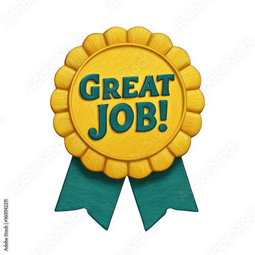 Yellow and teal ribbon award with great job text isolated on transparent background