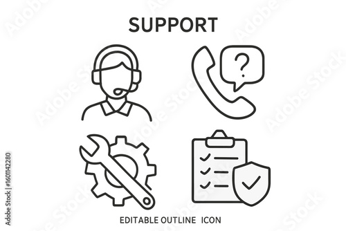 Support icon set. Customer service agent with headset. Helpdesk, technical assistance with wrench and gear. FAQ hotline call. Policy guarantee icon. Editable outline vector.