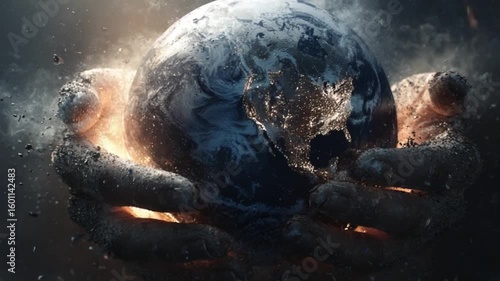 Earth held gently in hands, glowing, with particles and cosmic background