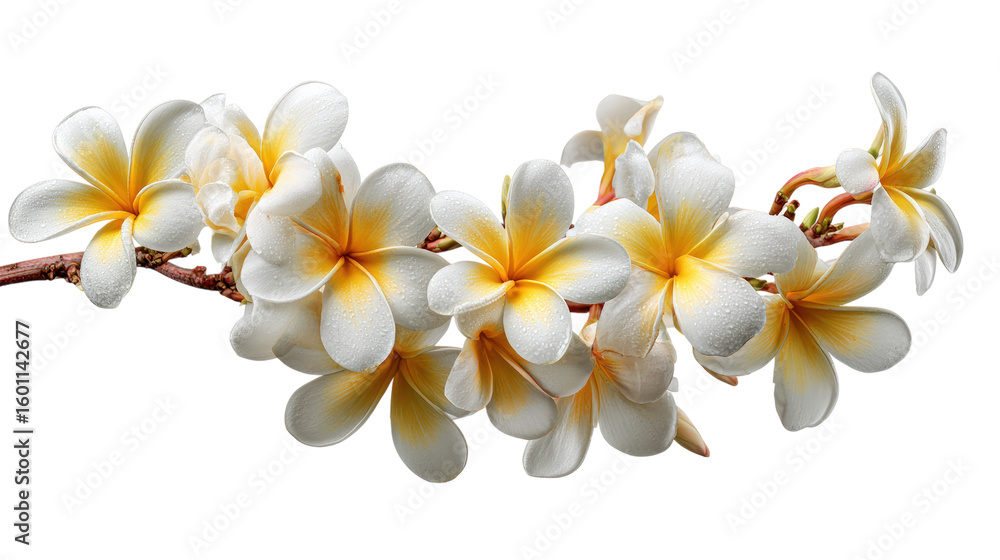 Fototapeta premium Delicate White Plumeria Flowers with Yellow Centers and Water Droplets on a Branch Isolated