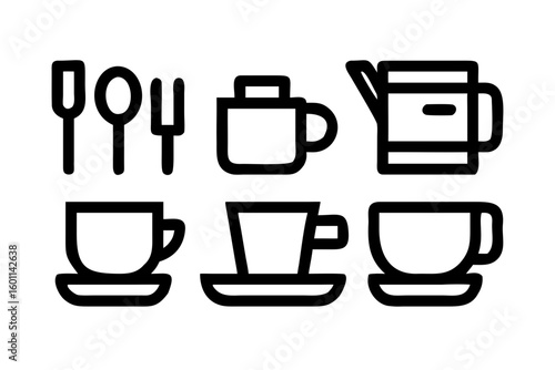 Collection of simple line art icons for kitchenware and tableware isolated on transparent background
