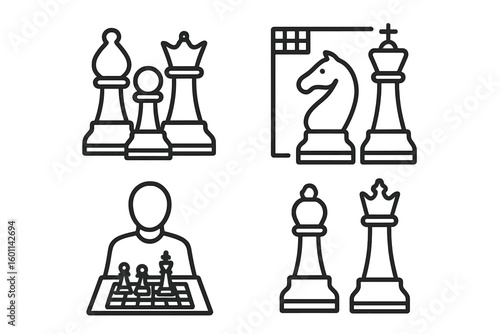 Chess game line icon set. Linear style pictogram collection. Chess pieces, king, queen, bishop, pawn, knight. Player, tournament, strategy game vector illustration.