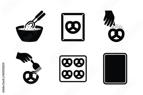 Pretzel preparation steps icons baking cooking