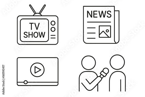 Mass media and journalism linear icons. TV show, newspaper, video player, and reporter interview. Communication and news outline vector symbols. Press and broadcast concept.