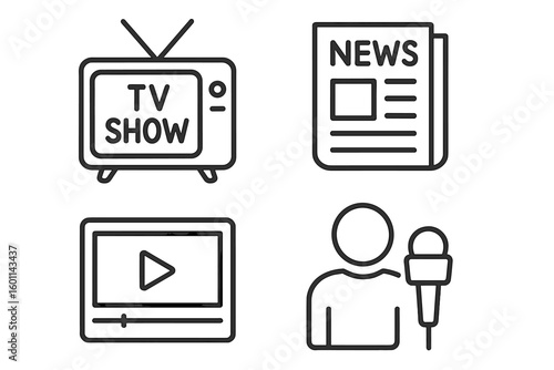 Mass media and journalism line icon set. TV show, newspaper news, video player, and reporter with microphone icons. Broadcasting, press, and interview concept symbols.