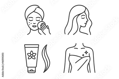 Beauty and spa line icon set. Skincare, face cleansing, hair care, and body treatment symbols. Vector outline pictogram collection for cosmetics, salon, and wellness.