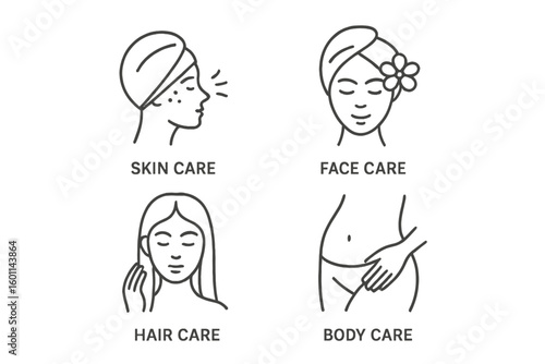 Spa salon and beauty line icon set. Skin, face, hair, and body care concepts. Linear style outline pictogram collection for cosmetics, treatment, and wellness infographics. Vector.