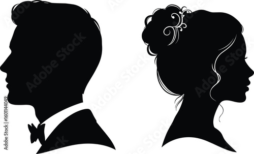 Classic silhouette portraits, man in bow tie, woman with curls, elegant profile design, black white illustrationClassic silhouette portraits, man in bow 