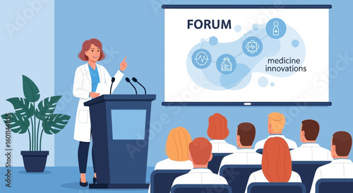 Female Medical Professional Presenting at Health Innovation Forum in Flat Vector Style
