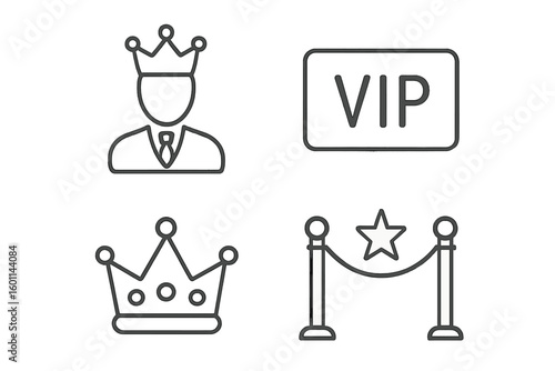 VIP line icon set. Very important person, royalty, and exclusivity concept. Vector illustration with crown, celebrity star, exclusive event access pass. Thin linear outline pictogram.
