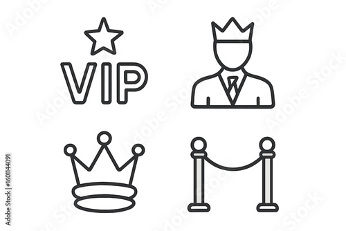 VIP line icon set. Very important person, royalty, and exclusivity concept. Vector collection of outline symbols like crown, king, and luxury barrier for premium members.